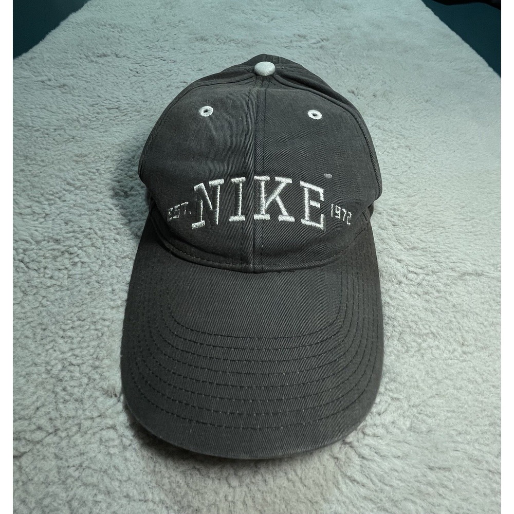Vintage Nike Strap back Hat Cap Washed Gray Spell Out Y2K